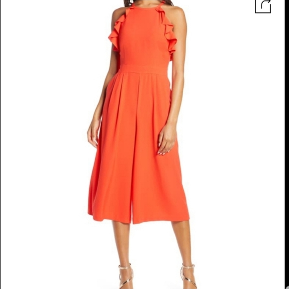 Vince Camuto Pants - Vince Camuto Ruffled Halter Neck Wide Leg Red Jumpsuit Size 4